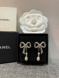 Crystal Bow Teardrop Pearl Earrings - E007